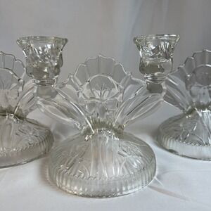 VTG Jeannette Glass Iris & Herringbone double light candlestick holders